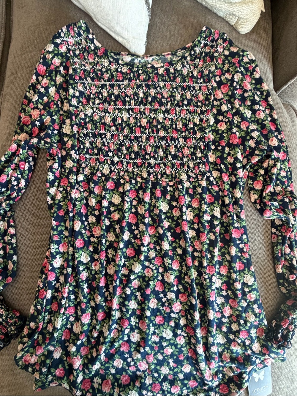 Amazon Girls' Navy Floral Smocked Long-Sleeve Dress